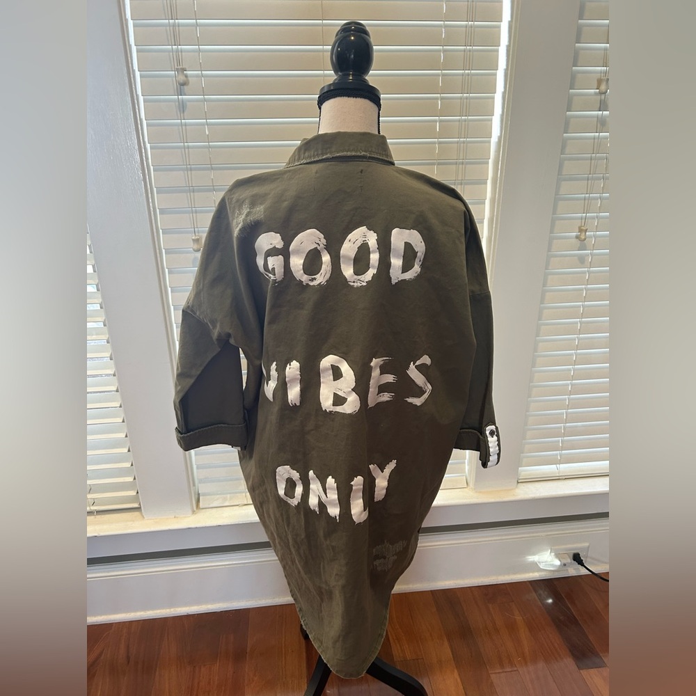 Mustard Oversized Seed Olive Jacket with White Lettering size S